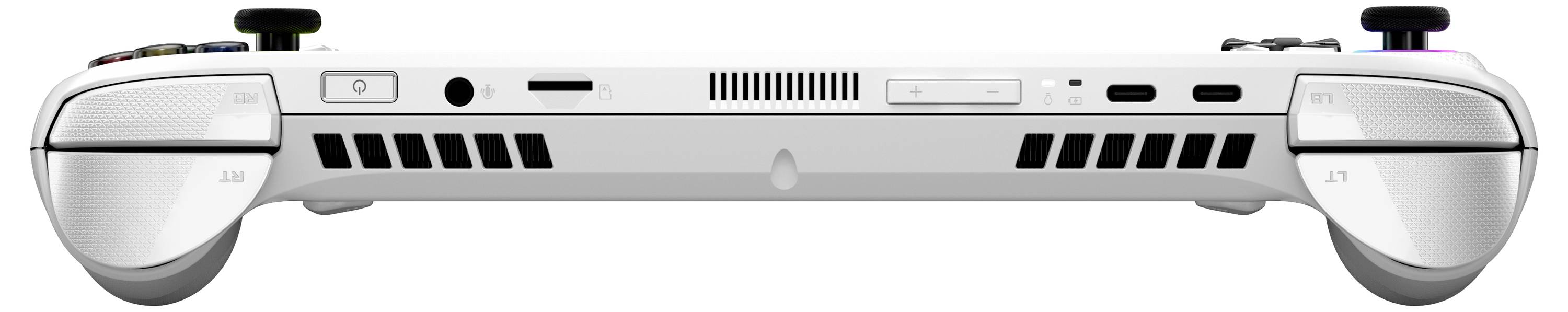 Une console de jeux portable montrant la vue de dessus avec différents ports et boutons visibles, mettant l'accent sur les caractéristiques de design et de connectivité.