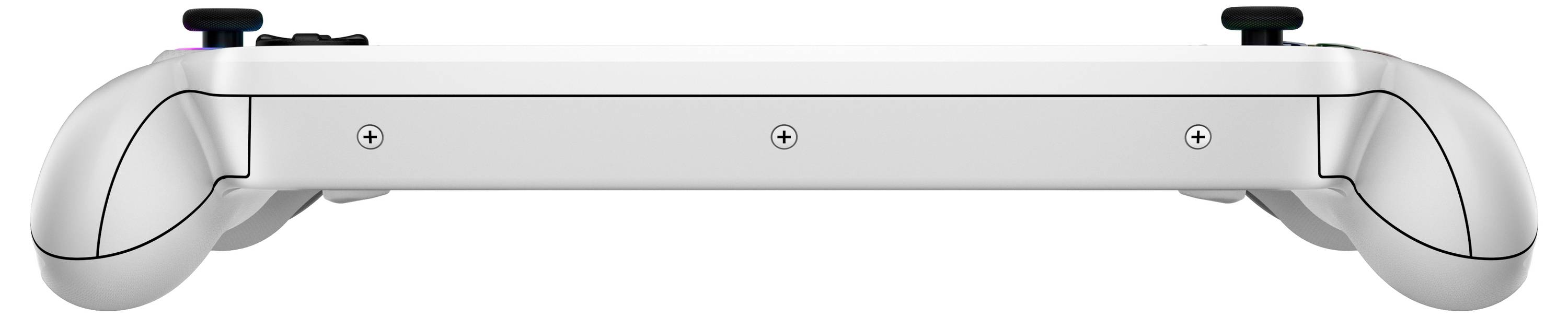 L'image présente une vue de dessus d'une manette de console de jeux blanche, mettant en valeur l'interface et la disposition des boutons sur sa surface.