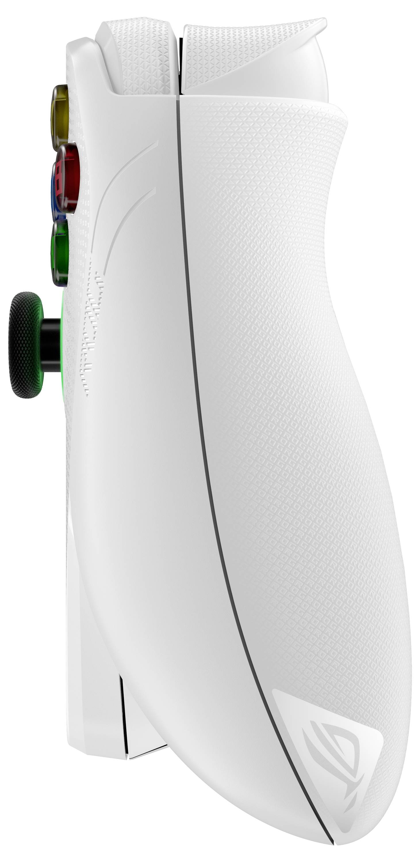 Une manette de jeu blanche avec quatre boutons colorés et un joystick sur le côté. Le logo ROG est gravé sur la poignée.