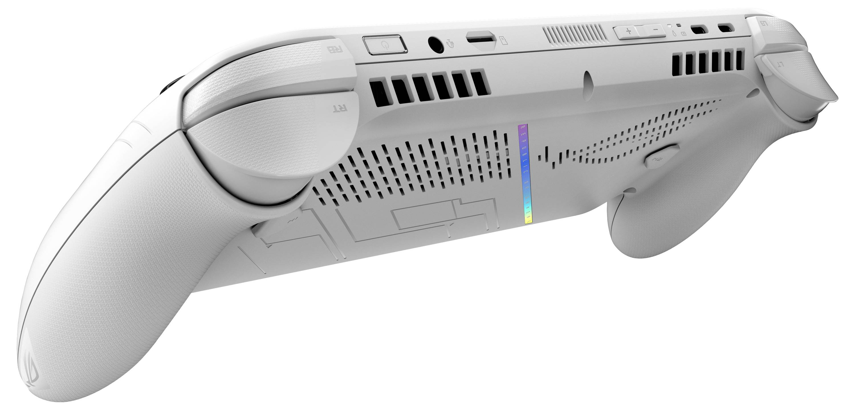 Appareil de jeu portable vu de dessous, montrant les poignées de contrôle, les détails de ventilation et une bande lumineuse horizontale au centre.