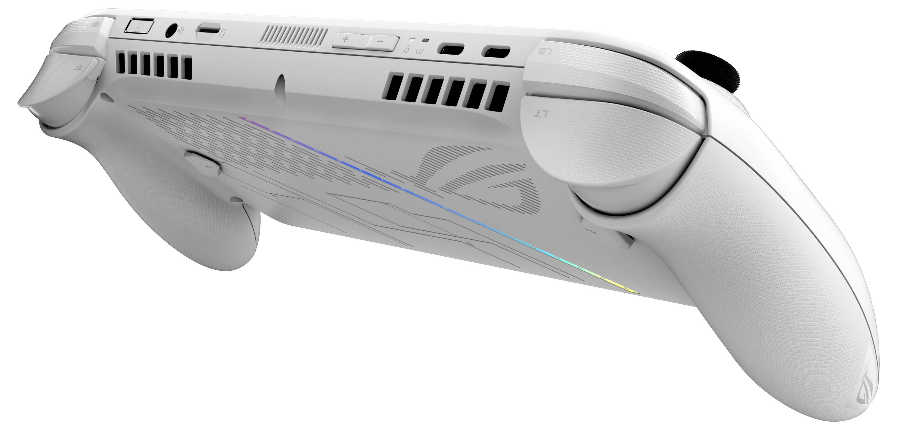 Une console de jeu portable blanche vue du dessous, montrant des boutons et des évents, avec un design subtil de bande lumineuse LED diffusée.