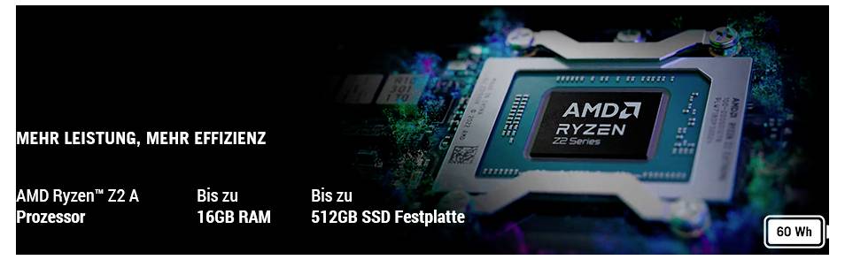 Gros plan sur l'APU AMD Ryzen 7, présentant le texte « Plus de performance, plus d'efficacité ». Points forts : « Jusqu'à 16 Go de RAM », « Jusqu'à 512 Go de SSD », « 60 Wh ».