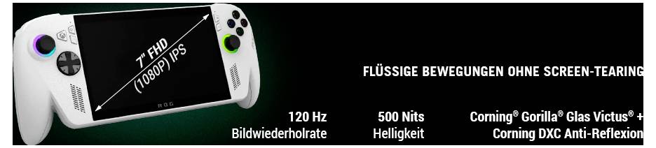 Un appareil de jeu portable dispose d'un écran de 7 pouces (1080p/FS) avec un taux de rafraîchissement de 120 Hz, une luminosité de 500 nits et une protection d'écran robuste.