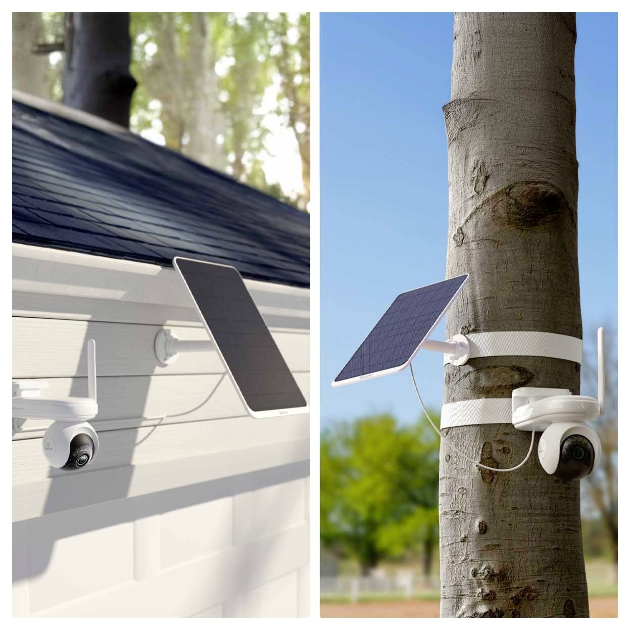 Deux caméras de sécurité installées à l'extérieur avec des panneaux solaires : l'une sur un bâtiment, l'autre sur un arbre, capturant toutes deux les zones environnantes.