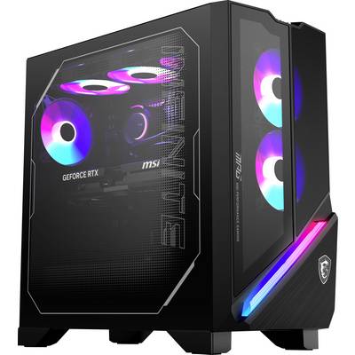Un PC de jeu de bureau avec éclairage RVB, doté d'un panneau latéral transparent révélant des composants intérieurs tels que les marques « GEFORCE RTX » et « MSI ».