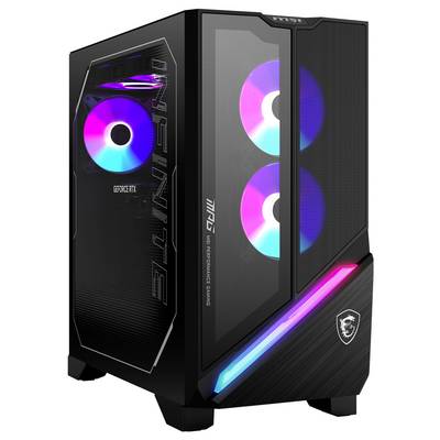 Un tour de bureau de jeu avec un panneau en verre mettant en valeur trois ventilateurs de refroidissement éclairés par RGB et une marque proéminente sur le côté.