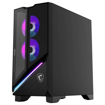 Une tour de PC gaming noir avec des ventilateurs RGB illuminés et des accents LED, dotée d'un panneau latéral en verre et du logo MSI sur le devant.