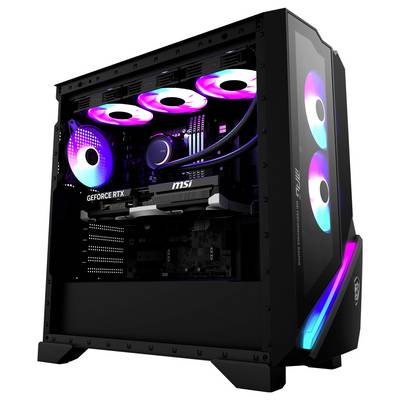 Un PC gaming avec éclairage RVB, doté d'une carte graphique GeForce RTX et de la marque MSI, met en valeur des ventilateurs aux couleurs vives et des accents multicolores.