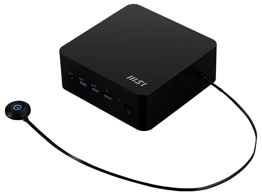 Un hub informatique compact noir avec plusieurs ports à l'avant, et un bouton rond attenant portant le symbole de mise en marche, relié par un câble.