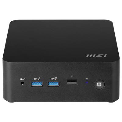Un mini PC compact noir MSI avec des ports et un bouton d'alimentation sur l'avant.