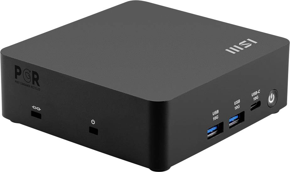 Un boîtier d'ordinateur compact noir avec logo MSI, deux ports USB 3.0, un port USB 3.1, bouton d'alimentation et technologie graphique PGR.