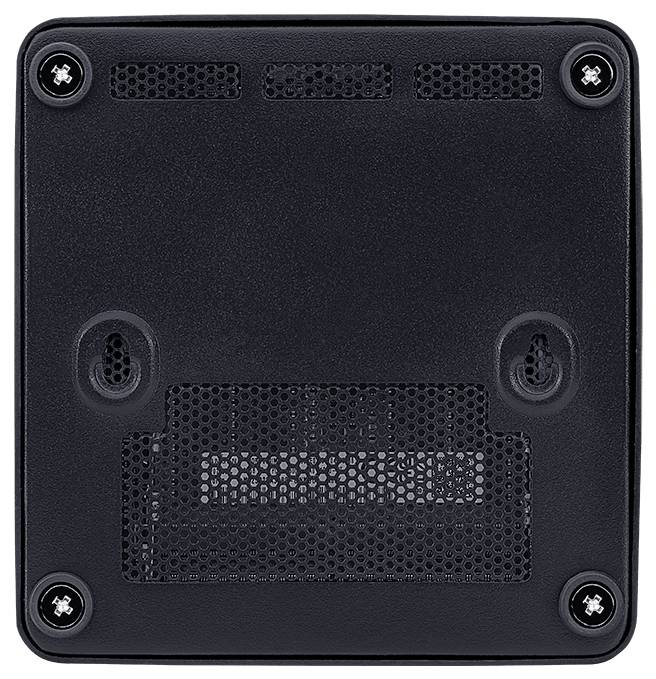 L'image montre la vue de dessous d'un appareil électronique noir avec des emplacements de vis et des grilles de ventilation pour la dissipation de la chaleur.
