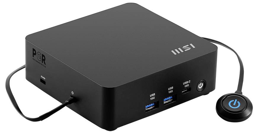 Une station d'accueil rectangulaire noire de MSI avec plusieurs ports USB, un bouton d'alimentation circulaire, et des câbles connectés, conçue pour la connectivité informatique.