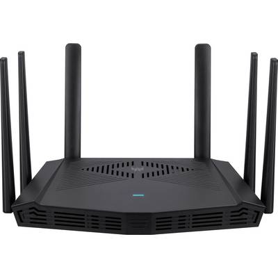 Un routeur Wi-Fi élégant, noir, avec huit antennes, conçu pour optimiser les performances et la couverture du réseau sans fil.