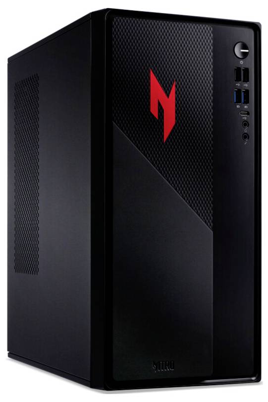 Tour d'ordinateur de bureau noir avec un panneau avant texturé, arborant un logo 'M' rouge. L'avant dispose de ports USB et d'un bouton d'alimentation.