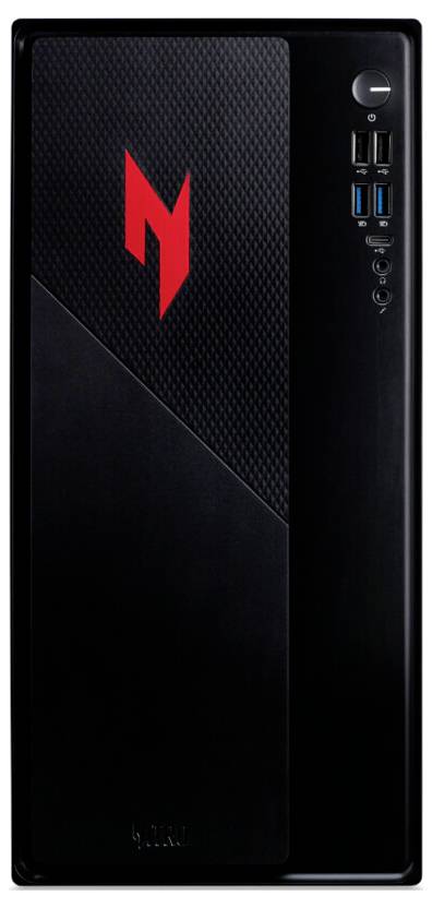Un boîtier d'ordinateur noir avec une texture en fibre de carbone et un logo 'M' rouge. Doté d'un bouton d'alimentation, de ports USB et de prises audio sur le panneau avant.