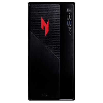 Un boîtier d'ordinateur noir avec une texture en fibre de carbone et un logo 'M' rouge. Doté d'un bouton d'alimentation, de ports USB et de prises audio sur le panneau avant.