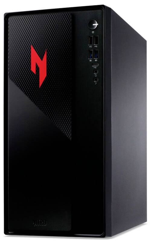 Une tour d'ordinateur noire avec un logo rouge sur le panneau avant, comportant des ports USB et un bouton d'alimentation sur le côté.