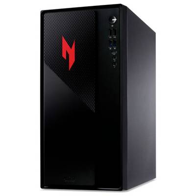 Une tour d'ordinateur noire avec un logo rouge sur le panneau avant, comportant des ports USB et un bouton d'alimentation sur le côté.