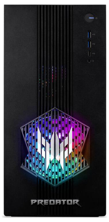 Ordinateur de jeu de type tour avec un boîtier noir doté d'un éclairage RVB LED et le mot 'Predator' illuminé sur le panneau avant.