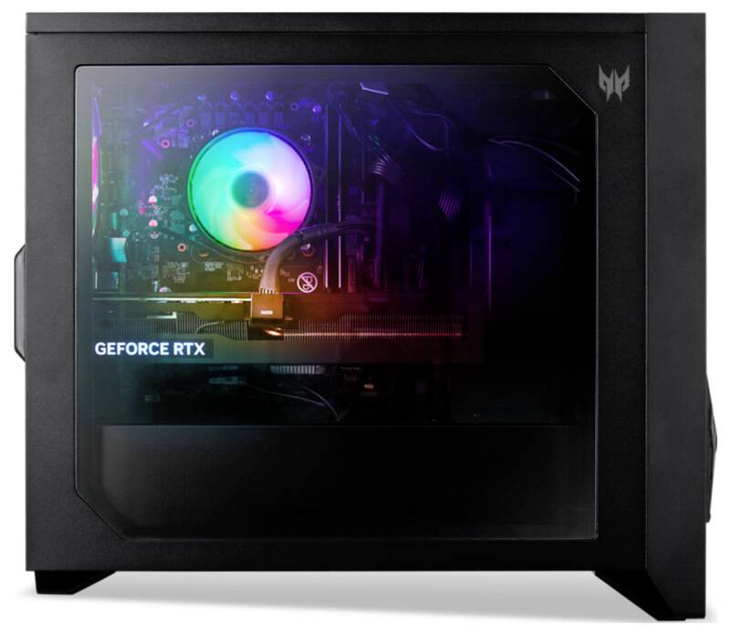 Un boîtier de PC de gaming avec des composants intérieurs visibles, comprenant un ventilateur lumineux et une carte graphique 'GEFORCE RTX' à l'intérieur d'un panneau latéral translucide.