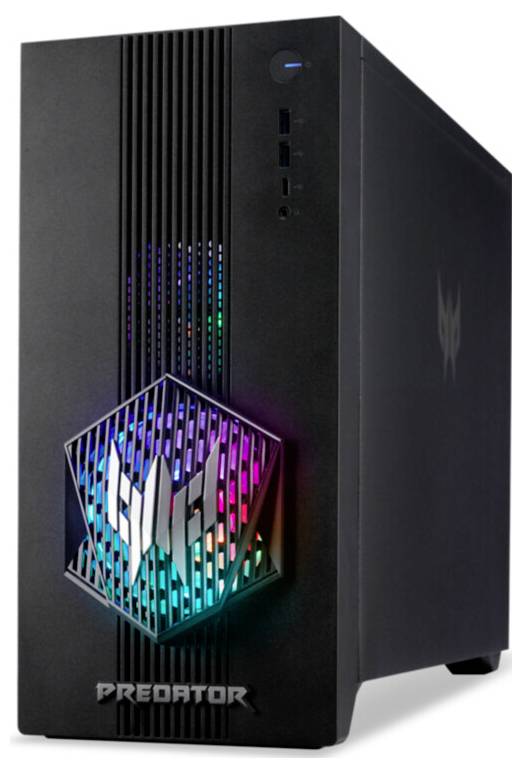 Un boîtier de bureau gaming élégant, noir, avec un éclairage RVB et un logo futuriste. Le mot « Predator » est gravé sur l'avant.