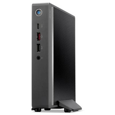 Un ordinateur de bureau miniature élégant, de couleur noir et gris, doté d'un panneau avant texturé, avec plusieurs ports USB et un bouton d'alimentation.