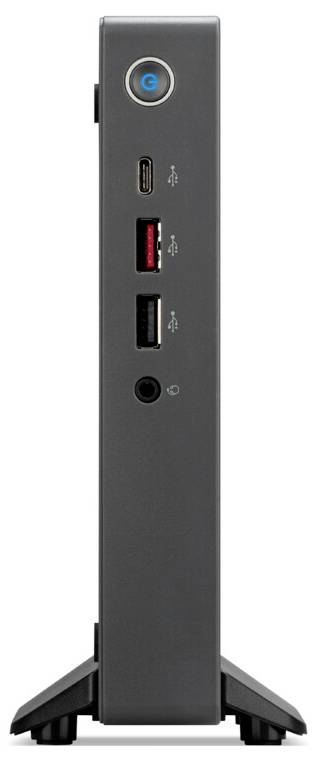 Un boîtier d'ordinateur fin et vertical avec un bouton d'alimentation, des ports USB et une prise casque visibles sur le panneau avant.