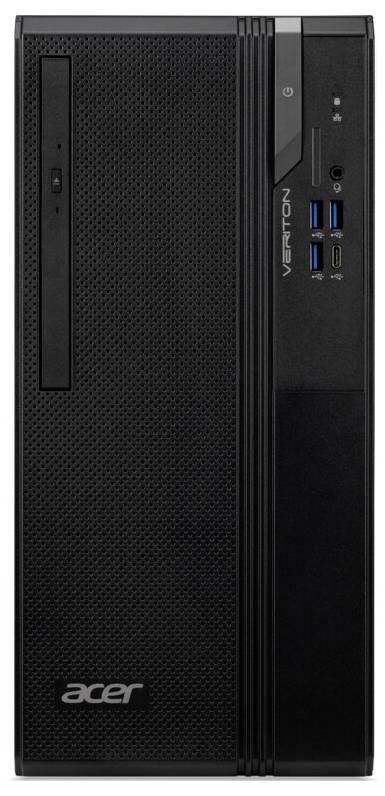 Une tour de bureau Acer Veriton noire présentant un design élancé, plusieurs ports USB, un bouton d'alimentation et un lecteur DVD sur le panneau avant.