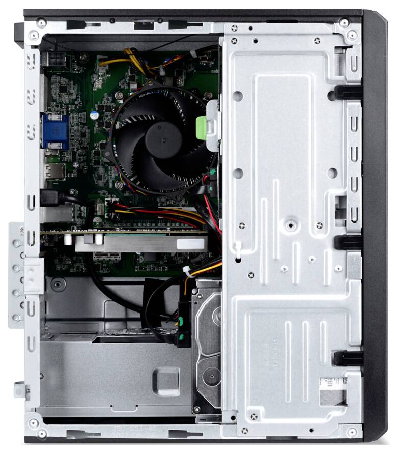 Vue intérieure d'un boîtier d'ordinateur de bureau avec carte mère, ventilateur de refroidissement, alimentation électrique et disque dur installés, présentant la disposition du matériel informatique.