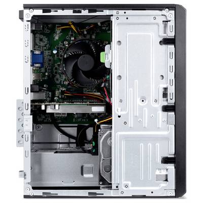 Vue intérieure d'un boîtier d'ordinateur de bureau avec carte mère, ventilateur de refroidissement, alimentation électrique et disque dur installés, présentant la disposition du matériel informatique.