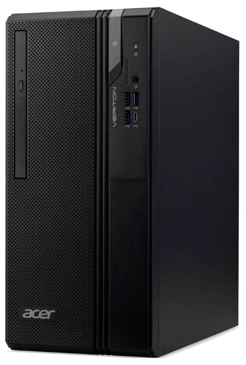 Une tour d'ordinateur de bureau noir Acer avec un design vertical, comprenant des ports d'alimentation et USB sur le panneau avant.