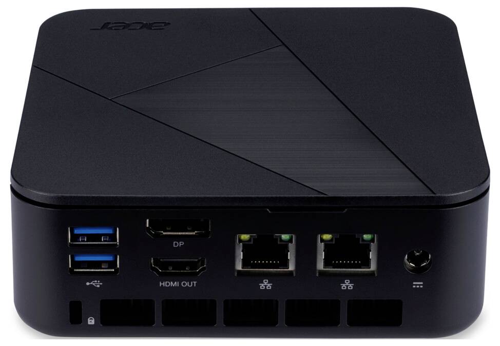 Mini PC 'Acer', vue de face montrant plusieurs ports : deux ports USB, Ethernet, HDMI et entrée d'alimentation. Design noir avec le logo de la marque sur le dessus.