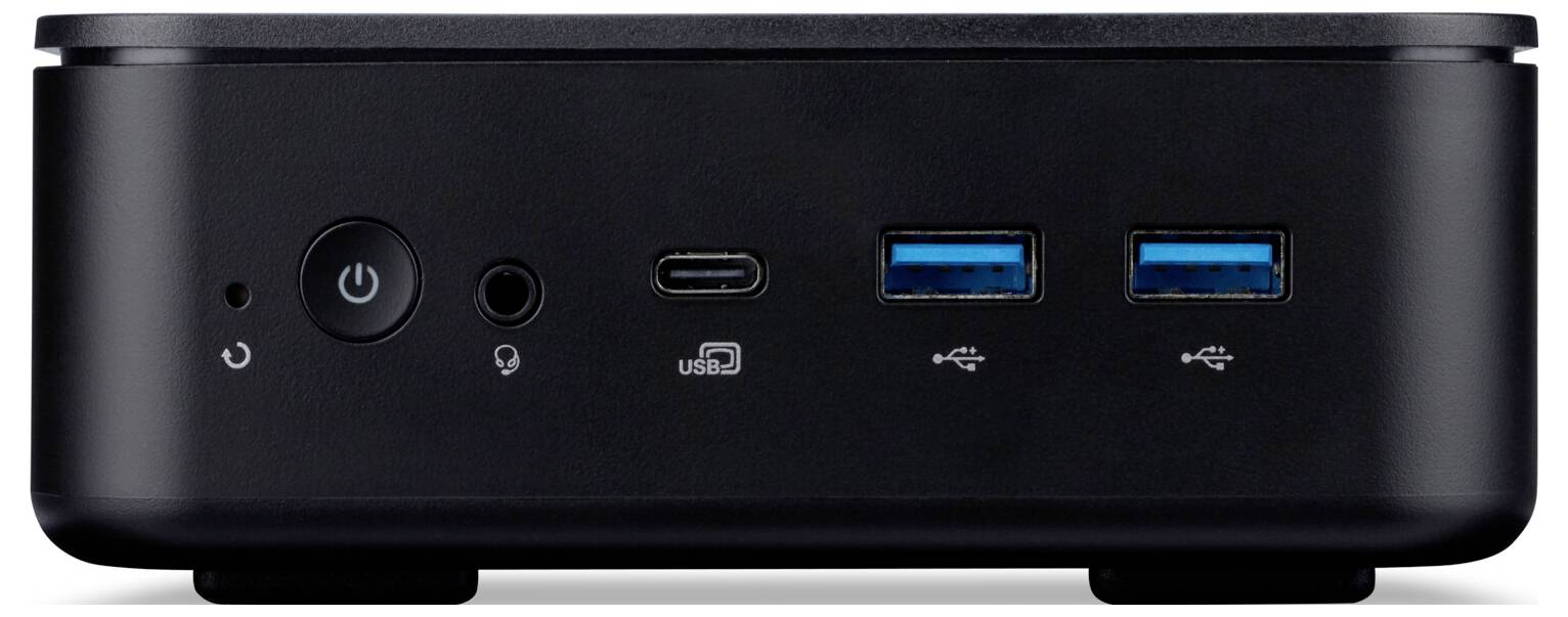 Unité informatique compacte noire vue de face, comprenant un bouton d'alimentation, une prise jack audio, un port USB-C et deux ports USB 3.0.