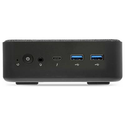 Vue de face d'un mini-PC montrant les ports : bouton d'alimentation, microphone, USB-C, Thunderbolt et deux emplacements USB 3.0.