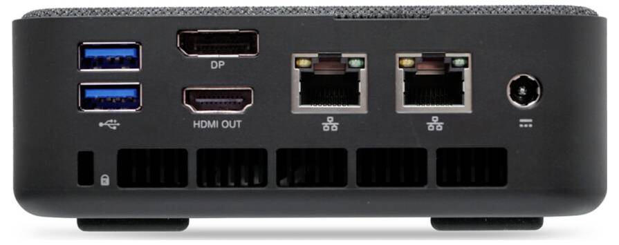 Panneau arrière d'un mini PC avec deux ports USB, DisplayPort, sortie HDMI, deux ports Ethernet et un connecteur d'alimentation.