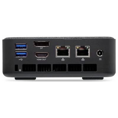 Panneau arrière d'un mini PC avec deux ports USB, DisplayPort, sortie HDMI, deux ports Ethernet et un connecteur d'alimentation.