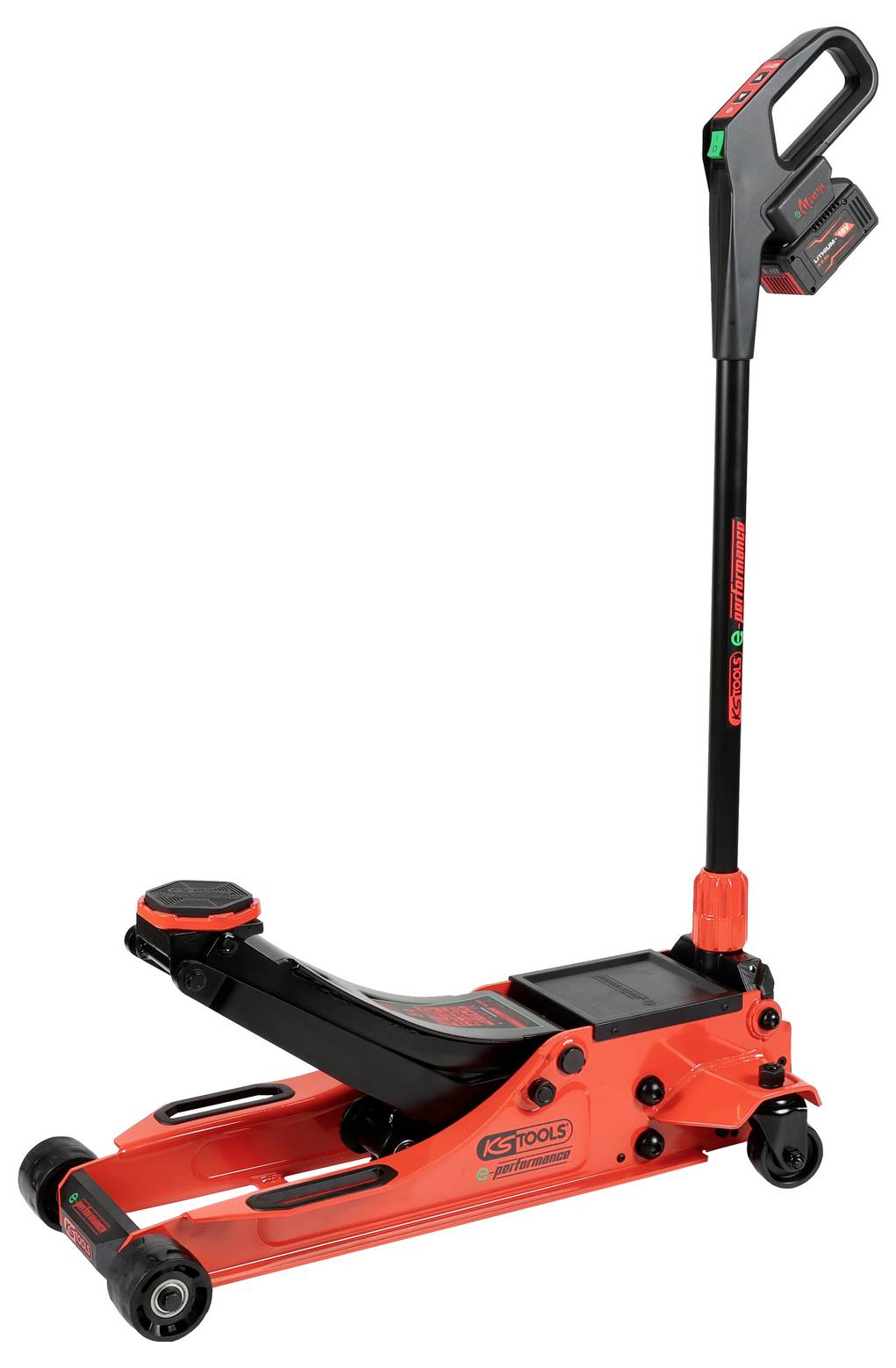 Un cric hydraulique rouge à long manche, conçu pour soulever des véhicules. Le cric est équipé de roues pour une mobilité facilitée et présente un design compact.