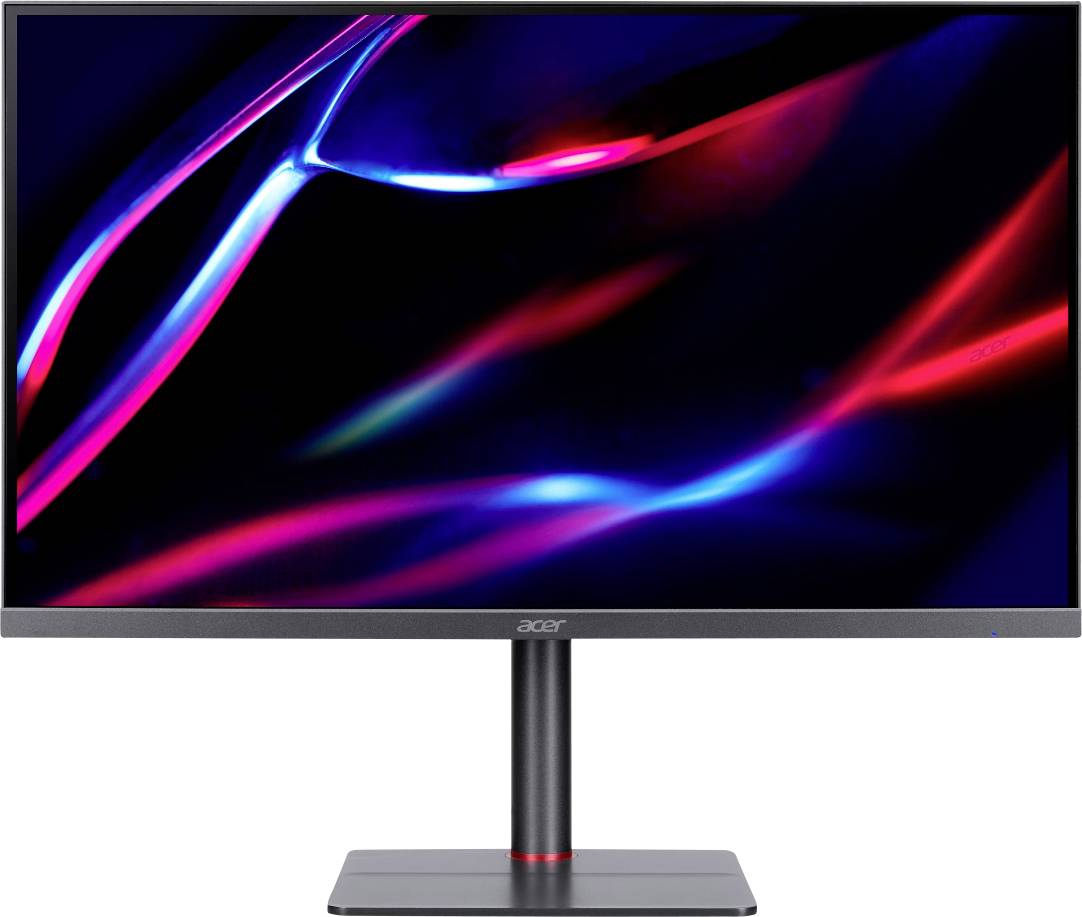 Un écran Acer affichant un design abstrait et vif de traînées rouges et bleues sur un fond noir, mettant en valeur la qualité visuelle de l'écran.