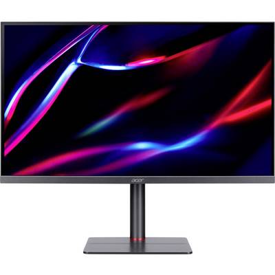 Un écran Acer affichant un design abstrait et vif de traînées rouges et bleues sur un fond noir, mettant en valeur la qualité visuelle de l'écran.