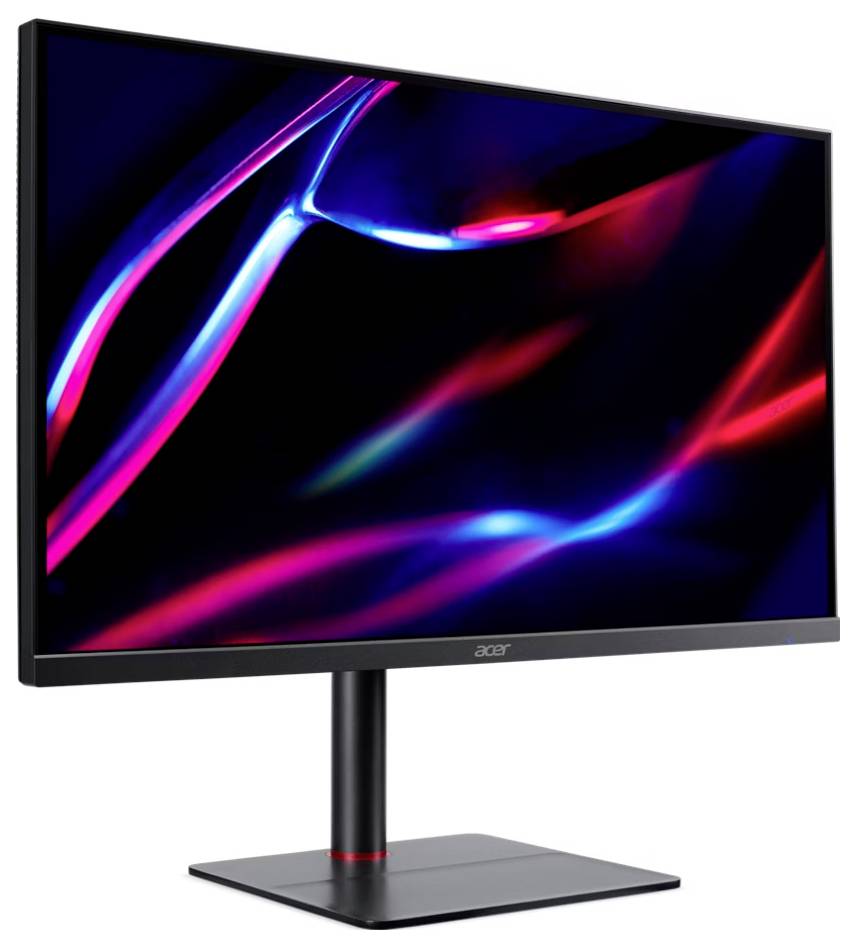 Un écran d'ordinateur élégant avec un affichage vibrant de motifs lumineux abstraits en rouge et bleu sur un fond sombre.