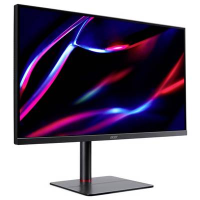 Un écran d'ordinateur élégant avec un affichage vibrant de motifs lumineux abstraits en rouge et bleu sur un fond sombre.