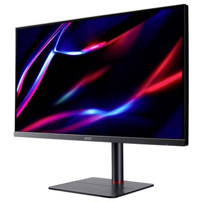 Un moniteur haute résolution affichant une œuvre d'art numérique abstraite avec des traînées de lumière néon vives en rouge et bleu sur un fond sombre.