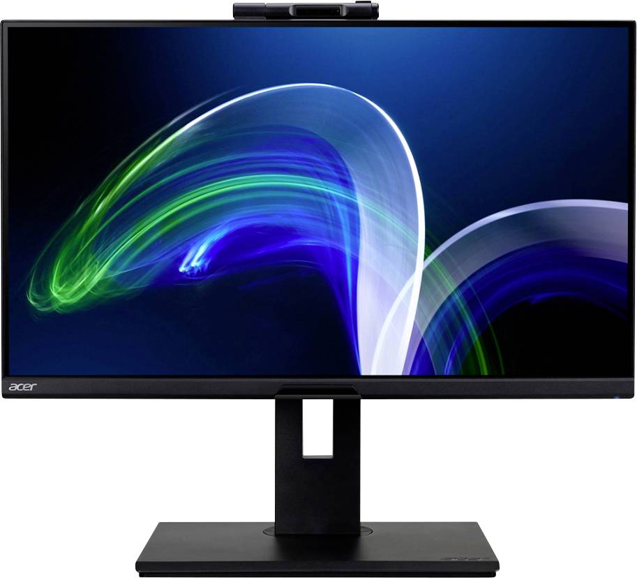 Un moniteur Acer élégant avec un support noir affiche des traînées lumineuses bleues et vertes dynamiques sur un écran sombre.