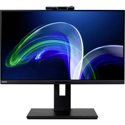 Un moniteur Acer élégant avec un support noir affiche des traînées lumineuses bleues et vertes dynamiques sur un écran sombre.