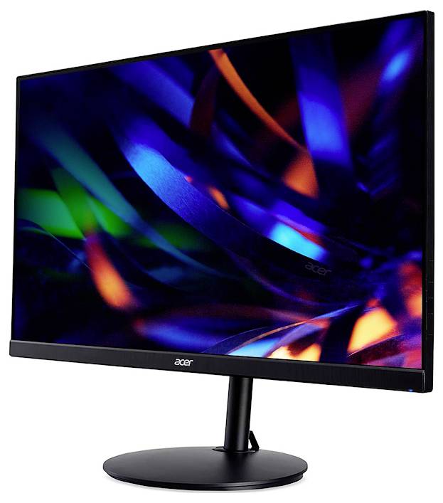 Un moniteur Acer affichant une image abstraite et vibrante avec des couleurs bleu et orange tourbillonnantes, mettant en valeur la capacité de son écran haute résolution.
