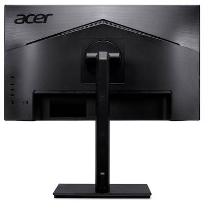Vue arrière d'un moniteur noir Acer, montrant le pied et les ports sur le côté gauche, avec le logo Acer dans le coin supérieur gauche.