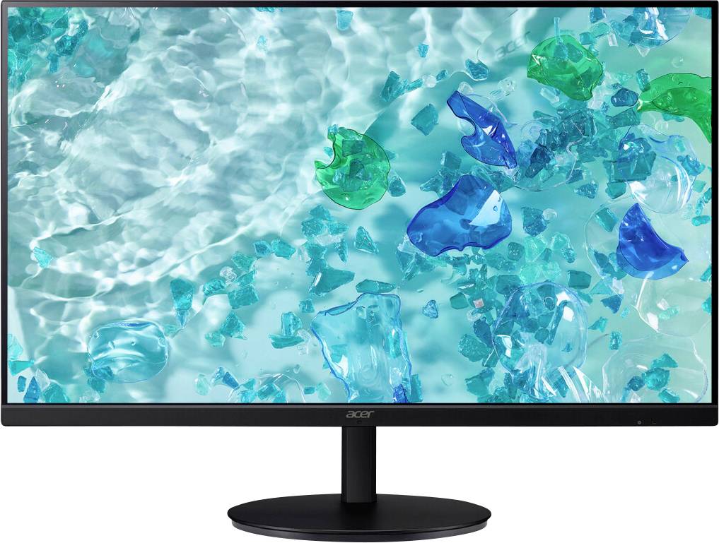 Un écran d'ordinateur affichant une image artistique d'eau bleu-vert avec des objets translucides flottants ressemblant à du verre de mer.