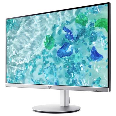 Moniteur Acer avec un design sans bordure affichant une image vibrante d'objets bleus et verts flottant dans l'eau, soulignant la clarté et la richesse des couleurs.
