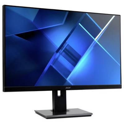 Un écran d'ordinateur Acer élégant avec un fin cadre noir affiche un design abstrait géométrique bleu. L'écran est légèrement incliné vers la gauche.